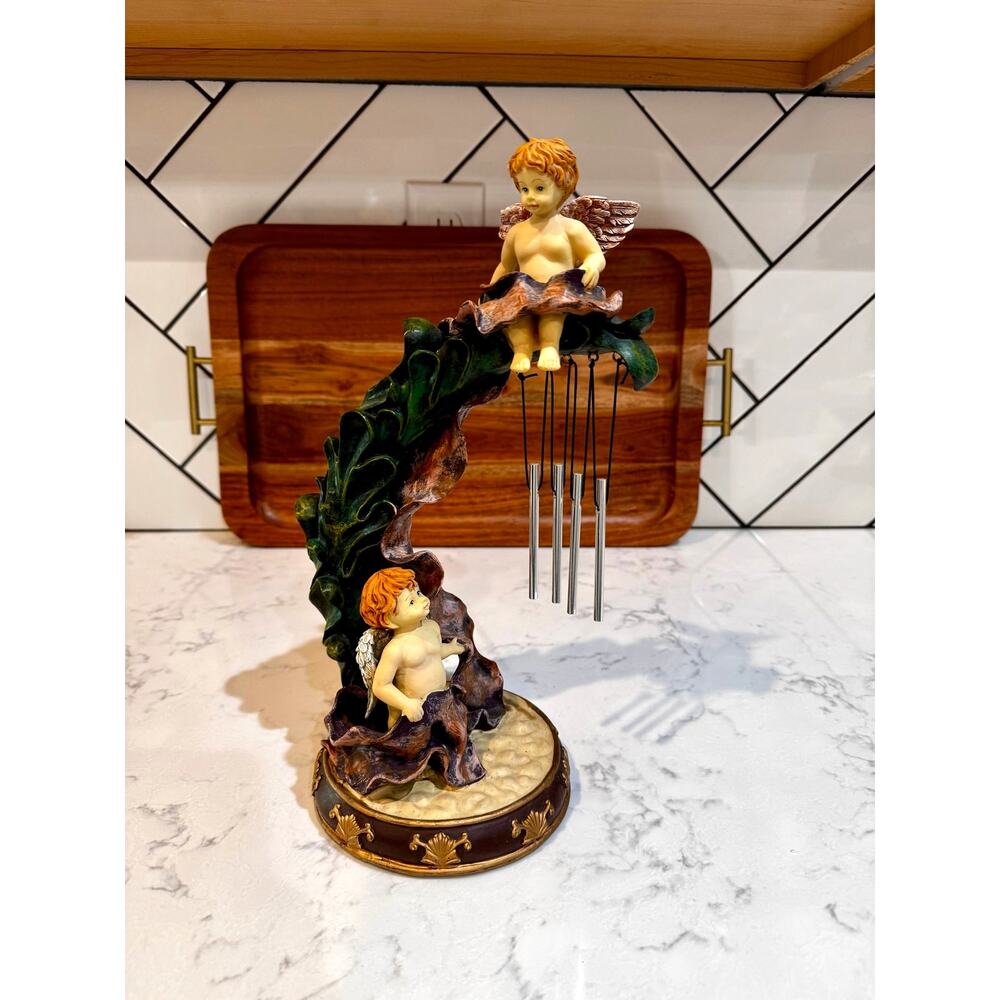 vintage resin Cherub Angel Wind Chime Figurine 90s on leafy arch w/chimes decor